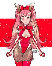 1girls absolute_territory alternate_costume antlers artist_name bangs bare_shoulders bow breasts candy candy_cane christmas christmas_outfit cleavage female female_only fire_emblem fire_emblem:_three_houses fishnets hartman_hips hi_res highres hilda_valentine_goneril intelligent_systems large_breasts long_hair looking_at_viewer mogstar nintendo pantyhose pink_eyes pink_hair ribbon ribbon_pull smile solo thick_thighs thighhighs twintails video_game video_game_character video_games watermark