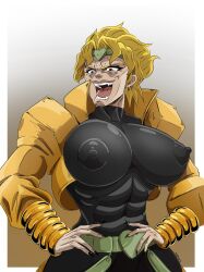 big_breasts black_nails blonde_hair dio_brando evil_smile jojo's_bizarre_adventure muscles muscular_female nipple_bulge rule_63 stardust_crusaders yellow_eyebrows