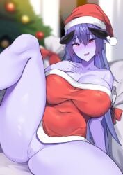 1girls absurdres arunira bare_shoulders black_horns blue_hair blurry blurry_background blush breasts brll censored christmas christmas_tree cleavage colored_skin covered_navel dress female hat highres horns large_breasts long_hair looking_at_viewer mosaic_censoring oerba_yun_fang open_mouth original pointy_ears purple-skinned_female purple_skin pussy red_dress red_eyes red_headwear santa_hat sitting skin_fang solo thighs