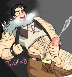 arm_hair balls bara beowulf_(skullgirls) big_penis blush body_hair boner cum erection facial_hair male male_only masturbation muscles muscular orgasm pants_down penis skullgirls solo solo_male steamy_breath tongue_out tugfx8