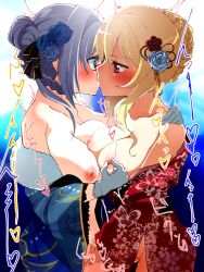 2girls big_breasts blonde_hair blue_eyes breasts flower flower_in_hair gray_hair hair human human_only kimono kissing lesbian_kiss light-skinned_female light_skin magia_record:_mahou_shoujo_madoka_magica_gaiden magical_girl mahou_shoujo_madoka_magica momoko_togame multiple_girls only_female puella_magi_madoka_magica red_eyes sara_(arorasyeimi) togame_momoko white_skin yakumo_mitama yuri