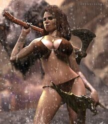 1girls 2022 3d alternate_version_available arm_tattoo bikini brown_hair clothed clothing depth_of_field eroguysensei fanart female female_only finger_tattoo freya_(god_of_war) god_of_war goddess hand_tattoo holding_axe holding_object holding_sword holding_weapon huge_breasts necklace norse_mythology outdoor outdoors outside pinup rain raining realistic solo solo_female standing tattoo tattooed_arm vanir_(norse_mythology) wet wet_body wet_skin