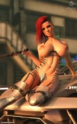 1girls 2022 3d alleyca7 car car_hood city city_background cyberpunk_2077 depth_of_field fanart female female_only holding_gun holding_object holding_weapon huge_breasts looking_at_viewer nipple_piercing nude nude_female on_car_hood outdoor outdoor_nudity outdoors outside piercing red_hair sci-fi science_fiction solo solo_female topless v_(cyberpunk_2077) valerie_(cyberpunk_2077)