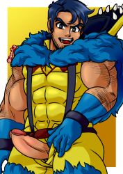 alternate_color arm_hair balls bara beowulf_(skullgirls) body_hair boner erection facial_hair fully_clothed hasout_b male male_only muscles muscular penis penis_out penis_through_fly skullgirls solo solo_male