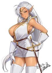 1girls big_breasts clothing dark-skinned_female dark_elf dark_skin elf elf_ears elf_female female female_only gloves hand_on_hip inner_sideboob long_hair looking_at_viewer masami_chie pirotess record_of_lodoss_war smiling smiling_at_viewer solo sword white_background white_hair yellow_eyes