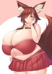 1girls 2022 breasts brown_eyes brown_hair cleavage curvaceous curvy eye_contact female female_focus fox_ears fox_girl fox_tail hi_res high_resolution highres hips huge_breasts kitsune looking_at_viewer matching_hair/eyes onehaunt solo solo_female solo_focus thick_thighs thighs underboob voluptuous wide_hips