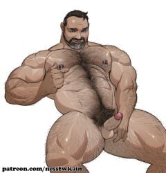 abs bara beard erect_penis erection gay hairy hairy_arms hairy_chest hairy_legs hairy_male inviting looking_at_viewer mature_male naked_male nessfwkain nipple_piercing pierced_nipples pubes pubic_hair touching_nipples yaoi