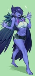 1girls 2021 avian avian_humanoid feather_earrings feathered_wings female female_only green_background hi_res humanoid looking_at_viewer narrowed_eyes nia_(nia4294) pointy_ears purple_hair purple_skin raven_(ravencrafted) shorts smiling smiling_at_viewer solo tank_top wings