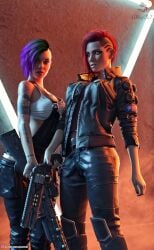 2022 2girls 3d alleyca7 arm_tattoo clothed clothing cyberpunk_2077 fanart female female_only glowing_eyes holding_gun holding_object holding_weapon judy_alvarez large_breasts looking_at_viewer multiple_girls purple_hair red_hair sci-fi science_fiction standing tattoo v_(cyberpunk_2077) valerie_(cyberpunk_2077)