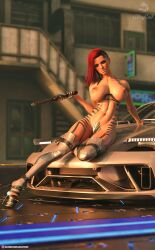 1girls 2022 3d alleyca7 car car_hood city city_background cyberpunk_2077 depth_of_field fanart female female_only holding_gun holding_object holding_weapon huge_breasts looking_at_viewer nipple_piercing nude nude_female on_car_hood outdoor outdoor_nudity outdoors outside piercing red_hair sci-fi science_fiction solo solo_female topless v_(cyberpunk_2077) valerie_(cyberpunk_2077)