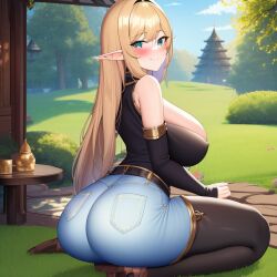 1girls ai_generated ass belt big_ass big_butt black_sleeves black_thighhighs blonde_hair breasts denim denim_bottomwear denim_clothes denim_clothing denim_jeans elf elf_ears female from_behind from_side gold_trim green_eyes huge_breasts kneeling light-skinned_female looking_at_viewer nai_diffusion outdoors pawg pointy_ears seductive solo stable_diffusion suggestive tubetop