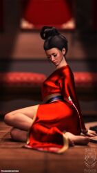 1girls 2022 3d asian asian_female ayane_lin_(eazytiger) black_hair closed_eyes clothed clothing depth_of_field eazytiger female female_only kimono original_character small_breasts solo solo_female