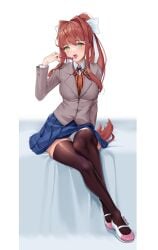 black_tights blue_skirt doki_doki_literature_club green_eyes heart_pen kneesocks legs legwear long_hair matrix16 monika_(doki_doki_literature_club) panchira panties pantyshot pantyshot_(sitting) pen shoes sitting skirt stockings thick_thighs thighhighs thighs tights tongue tongue_out white_panties