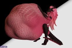 3:2 3d_(artwork) agape_(petruz) anthro belly big_belly breasts digital_media_(artwork) dragon egg_bulge female hair hand_on_stomach hi_res hyper hyper_belly hyper_pregnancy looking_angry nude pink_body pink_hair pink_scales pregnant scales simple_background solo squatting_position thiccacuga