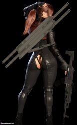 1girls 2022 3d ass black_background bodysuit female female_only holding_gun holding_object holding_rifle holding_weapon large_breasts marian_(skittym) original_character ponytail red_hair rifle sci-fi science_fiction skittym solid_color_background solo solo_female