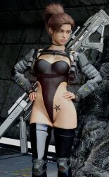 3d black_thighhighs breasts brown_hair chest_tattoo choker clothing female flower_tattoo hands_on_hips large_breasts rifle sci-fi solo_female tagme