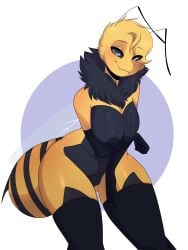 absurd_res antennae_(anatomy) anthro arm_under_breasts arthropod arthropod_abdomen bee big_breasts black_body black_eyes black_nipples blonde_hair breasts clothing female genitals hair hi_res hymenopteran insects legwear legwear_only looking_at_viewer mostly_nude neck_tuft nipples nude pussy seirva simple_background smile solo stinger stockings stockings_only thigh_highs tuft yellow_body