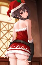 1girls ass big_ass brown_hair christmas christmas_outfit eye_contact female female_only gibun_(sozoshu) gloves grabbing_own_ass kono_subarashii_sekai_ni_shukufuku_wo! looking_at_viewer looking_back megumin red_eyes santa_hat solo standing thick_thighs