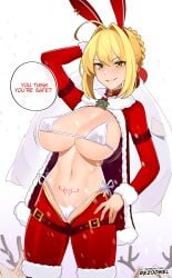 1girls ahoge big_breasts bikini blonde_hair blush breasts bunny_ears cameltoe christmas christmas_outfit covered_nipples english_text eye_contact eyeshadow fate/extra fate/grand_order fate_(series) fur_trim green_eyes grin hair_intakes hair_ribbon hand_on_hip highres holding holding_sack huge_breasts leg_belt looking_at_viewer makeup medium_hair meme meme_attire micro_bikini mole mole_on_breast mole_on_pussy navel nero_claudius_(fate) nero_claudius_(fate/extra) padoru_(meme) partially_visible_vulva pubic_tattoo reindeer reverse_bunnysuit reverse_outfit rezodwel sack santa_hat side-tie_bikini_bottom smile solo speech_bubble standing sweat swimsuit tattoo text thong white_bikini