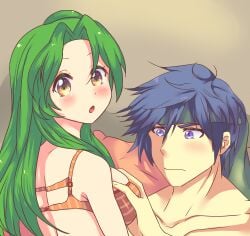 1boy 1girls absurd_res aibee_honey bed bedroom bedroom_setting big_breasts blue_eyes blue_hair blush blushing breast_grab breasts cute elincia_ridell_crimea female fire_emblem fire_emblem:_path_of_radiance fire_emblem:_radiant_dawn green_hair grope groping groping_breasts hi_res ike_(fire_emblem) looking_at_breasts looking_at_viewer male male/female muscular nintendo romantic romantic_ambiance romantic_couple shirtless shirtless_(male) straight