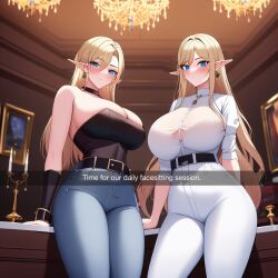 2girls ai_generated alborewimi belt big_breasts blonde_hair blue_eyes blush breasts caption collar curvy denim earrings edit elf elf_ears english_text high_waisted_jeans indoors jeans light-skinned_female looking_at_viewer looking_down nai_diffusion neckwear pawg pointy_ears presenting seductive snapchat stable_diffusion standing tubetop white_legwear white_shirt white_skin