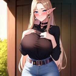 1girls ai_generated alborewimi aroused belt big_breasts black_shirt blonde_hair blue_eyes blush breasts clothed clothing collar denim earrings elf elf_ears female hand_on_breast hands_on_own_chest high_waisted_jeans hips jeans light-skinned_female looking_at_viewer mature_female nai_diffusion outdoors pockets pointy_ears seductive_smile shirt sofia solo stable_diffusion