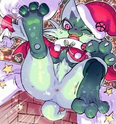 aisaredogtoneko ambiguous_gender anthro anus ass blush christmas felid feline floragato fur generation_9_pokemon green_body green_fur hi_res holidays mammal nintendo pokémon_(species) pokemon pokemon_(species) pokemon_sv solo video_games