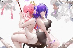 2girls ass bare_shoulders big_ass braided_hair breasts clothed dress female female_focus female_only fox_ears fox_girl genshin_impact hair_between_eyes hair_ornament high_resolution highres holding_object jewelry kitsune large_breasts legs light-skinned_female light_skin long_hair looking_at_viewer omone_hokoma_agm panties pink_eyes pink_hair pose purple_eyes purple_hair raiden_shogun sitting thick_thighs thighs white_background yae_miko yuri