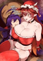 1boy 1girls ameri_azazel big_breasts breasts demon_girl english_text female huge_breasts iruma_suzuki larger_female legwear light-skinned_female light-skinned_male light_skin long_hair mairimashita!_iruma-kun pinkseito pointy_ears purple_hair red_hair santa_hat short_hair sitting sitting_on_lap size_difference text thick_thighs thighhighs thighs voluptuous wide_hips