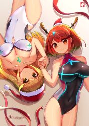 2girls alternate_costume breasts chinchongcha core_crystal female female_only latex mythra nintendo pyra swimsuit tagme xenoblade_(series) xenoblade_chronicles_2