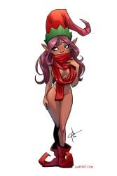 1girls 2d ankle_boots breasts christmas dark-skinned_female dark_elf dark_skin elf female garth_graham garthft naked_boots naked_scarf nude purple_hair red_footwear scarf solo temporalwolf