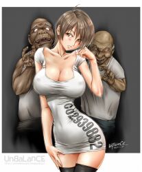 1girls 2boys aizawa_asahi_(unbalance) big_breasts blush breasts brown_hair cleavage dress fat_man grandpa_and_granddaughter old_man stockings thick_thighs umekichi_(unbalance) unbalance