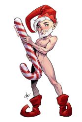 1boy 2d ankle_boots beard breasts candy_cane christmas dilf elf garth_graham garthft implied_erection male male_only nude phallic_symbol red_footwear solo temporalwolf white_hair