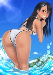 1girls ass back_view beach big_ass bikini black_hair blush brown_eyes eye_contact female female_only hayase_nagatoro long_hair looking_at_viewer looking_back please_don't_bully_me,_nagatoro rocky-ace smile solo tan_skin tanline