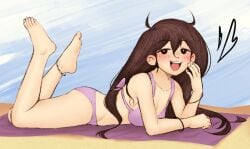 <3 1girls ankle_bracelet anklet beach beach_towel bikini blush blushing cabronpr feet female female_only laying_on_stomach long_hair mari_(omori) messy_hair mob_face omori sand smug_face solo tagme