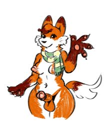 anthro belly canid canine elegant female fox genitals gesture gynomorph intersex mammal mevka_(artist) mostly_nude penis scarf scarf_only smile smiling_at_viewer solo thick_thighs vein veiny_penis waving waving_at_viewer