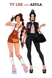 2girls alternate_universe asian_female athletic athletic_female avatar_the_last_airbender azula big_breasts black_hair black_nail_polish braid breasts brown_hair busty choker cleavage clothing crown curvaceous curvy curvy_figure cute digital_drawing_(artwork) digital_media_(artwork) eyebrows eyelashes eyes fanny_pack female female_focus female_only fingerless_gloves fire_nation firebender fit fit_female front_view full_body fully_clothed grey_eyes hair handbag head_tilt heels high_heels high_waisted_pants hips hoop_earrings hourglass_figure knee_socks kneehighs kneesocks large_breasts legs letterman_jacket light-skinned_female light_skin lips lipstick long_hair looking_at_viewer medium_breasts minko necklace nickelodeon olena_minko open_toe_shoes overalls peace_sign princess purse roller_skates short_hair slim slim_waist small_breasts smile socks sporty standing swept_bangs tank_top thick thick_legs thick_thighs thighs tied_hair tight_pants topknot ty_lee upper_body v very_long_hair voluptuous waist white_socks wide_hips wink yellow_eyes