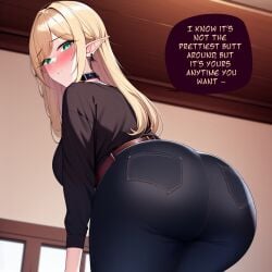 1girls ai_generated alborewimi ass belt bent_over big_ass big_butt black_shirt blonde_hair blush caption collar denim dumptruck_ass earrings edit elf elf_ears elf_female english_text fat_ass female from_behind from_below green_eyes horny_female indoors insecure jeans light-skinned_female looking_at_viewer nai_diffusion pawg pointy_ears presenting round_ass round_butt solo stable_diffusion submissive_female text_bubble thick_ass