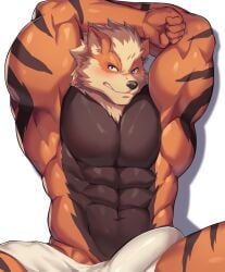 2022 5_fingers abs anthro arcanine biceps biped black_nose blue_eyes blush brown_body brown_fur cloth colored fingers fur generation_1_pokemon hands_behind_head humanoid_hands kawara_gawara male male_only multicolored_body multicolored_fur muscular muscular_anthro muscular_male navel nintendo orange_body orange_fur pecs pokémon_(species) pokemon pokemon_(species) solo striped_body striped_fur stripes tan_body tan_fur triceps