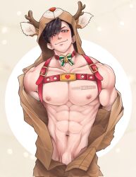 1boy christmas flaccid flaccid_penis haikyuu!! harness kuroo_tetsurou looking_at_viewer male male_only muscles muscular muscular_male onglai87 onsie partially_exposed_penis penis_peek reindeer_costume solo taking_clothes_off veiny_penis