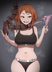 1boy 1girls blacked blacked_clothing brown_hair censored condom condom_removal dark-skinned_male dark_skin giga highres interracial large_penis light-skinned_female light_skin my_hero_academia neko_(pixiv28238559) netorare ochako_uraraka