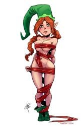 1girls 2d ankle_boots breasts christmas cleavage elf female garth_graham garthft gift_wrapped green_footwear large_breasts naked_boots naked_ribbon nude orange_hair shortstack solo temporalwolf underboob