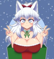 1girls :3 alexthf0 big_breasts blue_eyes blush christmas christmas_outfit cleavage female indie_virtual_youtuber kemonomimi light-skinned_female light_skin long_hair lumi_(merryweather) peace_sign solo tagme upper_body virtual_youtuber vtuber white_hair wolf_ears wolf_girl wolf_humanoid