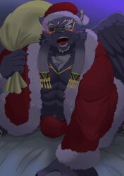 abs anthro black_body black_fur blush bulge christmas christmas_clothing christmas_headwear clothed clothing erection erection_under_clothing felid fur hat headgear headwear hi_res holidays lifewonders male mammal muscular muscular_anthro niyacon221 pantherine pecs santa_hat solo tezcatlipoca tokyo_afterschool_summoners