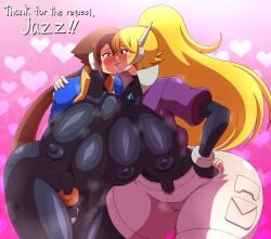 2girls 77yusei aile arm_around_shoulder blonde_hair blue_eyes blush bodysuit breast_press brown_hair clothed duo female female_only french_kiss green_eyes huge_breasts jazz_(oc) kissing latex latex_bodysuit latex_breasts latex_gloves latex_nipples latex_suit latex_thighhighs long_hair mega_man mega_man_zx_advent multiple_girls noburockman ponytail robot_girl skin_tight steam tongue yuri