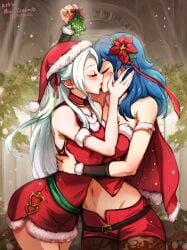 2girls alternate_costume artist_name bangs bare_arms bare_midriff bare_shoulders blue_hair blush breasts byleth_(fire_emblem) byleth_(fire_emblem)_(female) cape christmas christmas_outfit closed_eyes detailed_background dress ear_piercing earrings edelgard_von_hresvelg female female_only fire_emblem fire_emblem:_three_houses flower flower_in_hair gloves hair_ornament hair_ribbon hand_on_cheek hat intelligent_systems kiss kissing leggings long_hair midriff minacream mistletoe multiple_girls nintendo pantyhose red_cape ribbon santa_hat shorts stockings watermark white_hair yuri