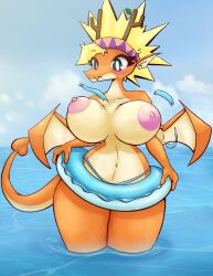 anthro blonde_hair blue_eyes breasts clothing dragon female flushed hair hi_res long_tail nipples orange_body pink_nipples sea solo swimwear torn_clothing water wings z_dragon