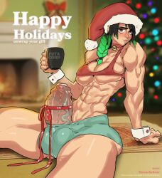 1futa 2022 abs big_breasts big_penis blush breasts christmas christmas_outfit cleavage clothed clothing english_text erection futa_only futanari green_hair huge_cock human jade_(streachybear) light-skinned_futanari light_skin mostly_nude muscular muscular_futanari original partially_retracted_foreskin penis sitting solo streachybear sweat text thick_penis thick_thighs two_tone_hair uncensored uncut veiny_penis