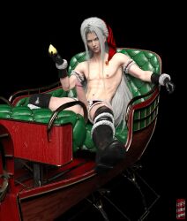 1boy 3d 3d_(artwork) big_penis black_background black_boots black_gloves boots christmas christmas_headwear christmas_outfit erect_penis final_fantasy final_fantasy_vii gloves green_eyes holding_object light-skinned_male light_skin long_hair looking_at_viewer male male_focus male_only mostly_nude muscular muscular_male naked naked_footwear naked_gloves nude pear penis sephiroth silver_hair sitting sitting_down sleigh smirking smug square_enix tagme thong ugnaughtsden