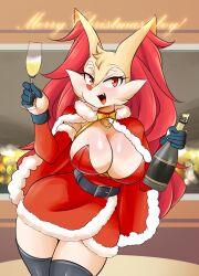 anthro belt big_breasts blush braixen bray_(lucyfercomic) breasts champagne champagne_glass christmas christmas_outfit fang female fingerless_gloves furry game_freak looking_at_viewer lucyfercomic nintendo pokémon_(species) pokemon pokemon_(species) red_eyes smile smiling_at_viewer thighhighs toasting